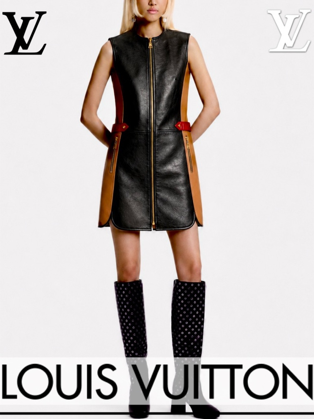 Louis Vuitton Leather Front Pocket Mini Dress, Gold Zipper, RTW, 💯Authentic